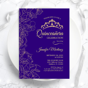 Convites Partido Floral de Quinceanera Dourado Roxo