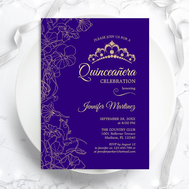Convites Partido Floral de Quinceanera Dourado Roxo (Criador carregado)