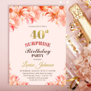 Convites Partido Floral Dourado Rosa-aniversário de 40 anos