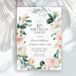 Convites Partido Floral Rosa do Blush Blush<br><div class="desc">Um convite de festas aniversário de 30 anos lindamente feminino enquadrado em uma coroa de rosas brancos cor-de-água, cor-de-rosa e branco, e verde à deriva. As combinações de cores são femininas e alegres para preparar seus convidados para uma feliz celebração. Personalize com seus detalhes de evento substituindo o texto de...</div>