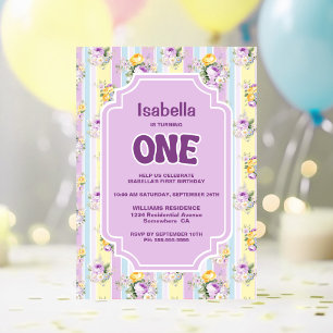 Convites Partido Floral Roxo primeiro aniversario