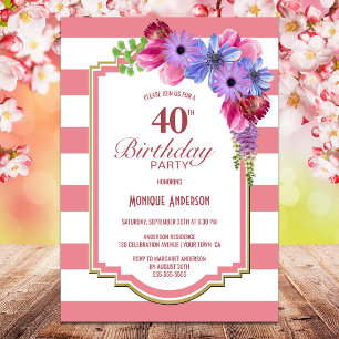 Convites Partido Floral Strike aniversário de 40 anos cor-