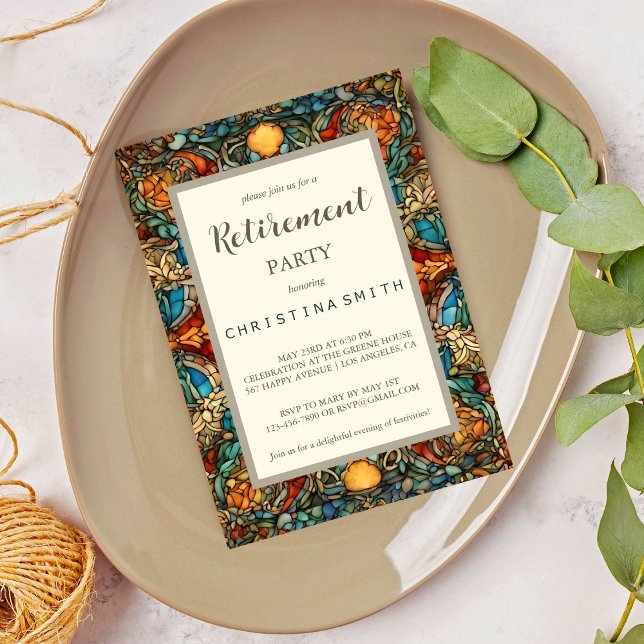 Convites Partido Geométrico Mosaico de Aposentação de Vidro (Geometric Mosaic Stained Glass Retirement Party Invitation)