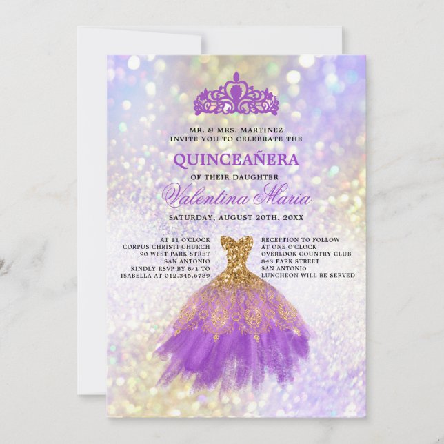 Convites Partido Glitter Quinceanearia Dourado Roxo (Frente)