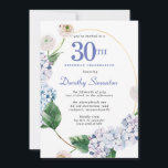 Convites Partido Hydrangea Rosa aniversário de 30 anos<br><div class="desc">Flores de hydrangea azuis e flores de rosa escamas decoram uma estrutura oval dourada. Uma botânica moderna,  aberta e arejada.</div>