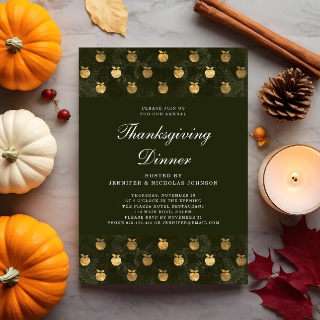Convites Partido Jante de Ação de Graças Verde Elegante (Elegant Green Thanksgiving Dinner Party Invitation)