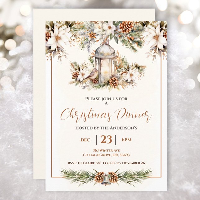 Convites Partido Jante de Natal Branco e Creme Elegante (Christmas Dinner Pine White and Cream Elegant Invitation)