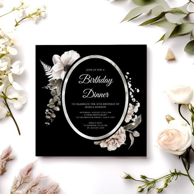 Convites Partido Janto de Aniversário Floral Negro Elegante (Elegant Floral Cream Black Birthday Dinner Party Invitation)