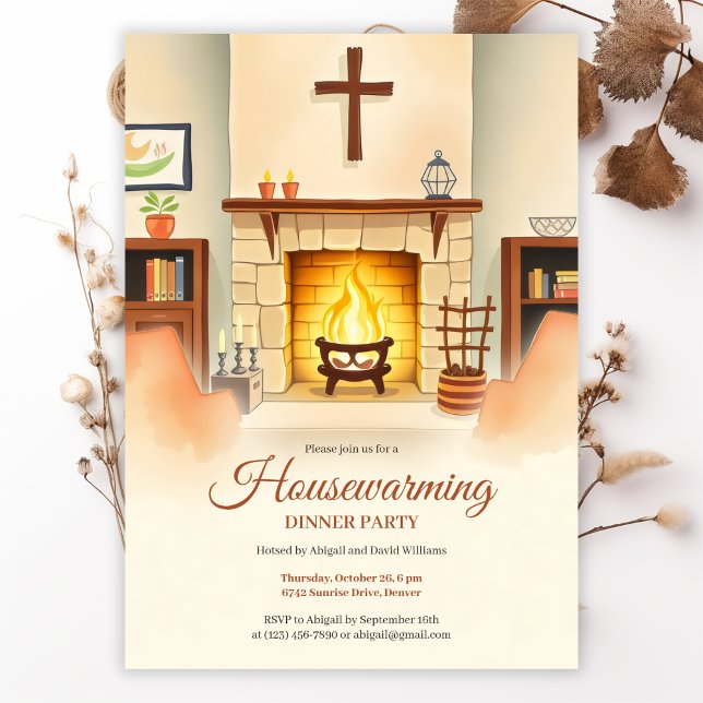 Convites Partido Janto de Lareiras Cozy Cozy para a Habitaç (Christian Housewarming Invitation Cozy Fireplace Dinner Party Card Invitation)