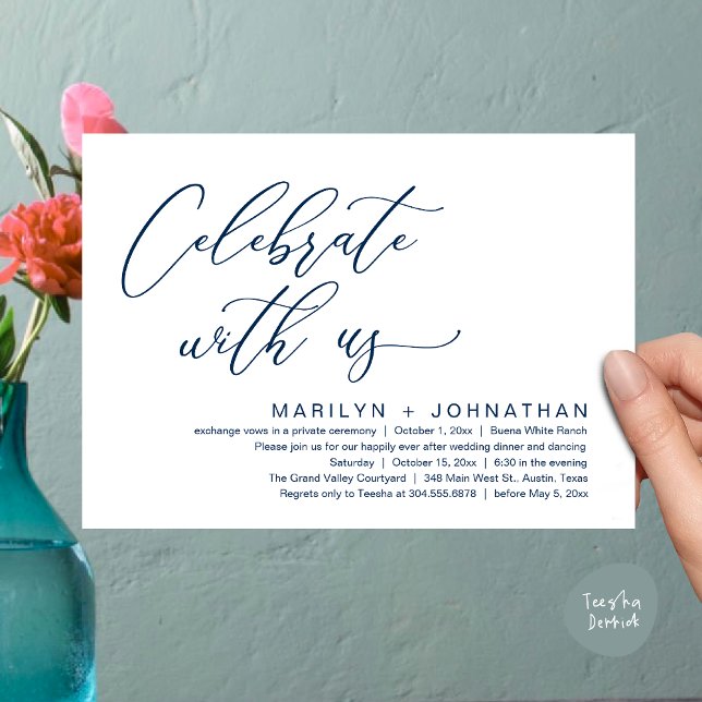 Convites Partido Janto Romântico de Casamento, Celebrar con (Celebrate with us, Romantic Wedding Dinner Brunch Party Invites Card PDF Modern Classy Navy Blue)