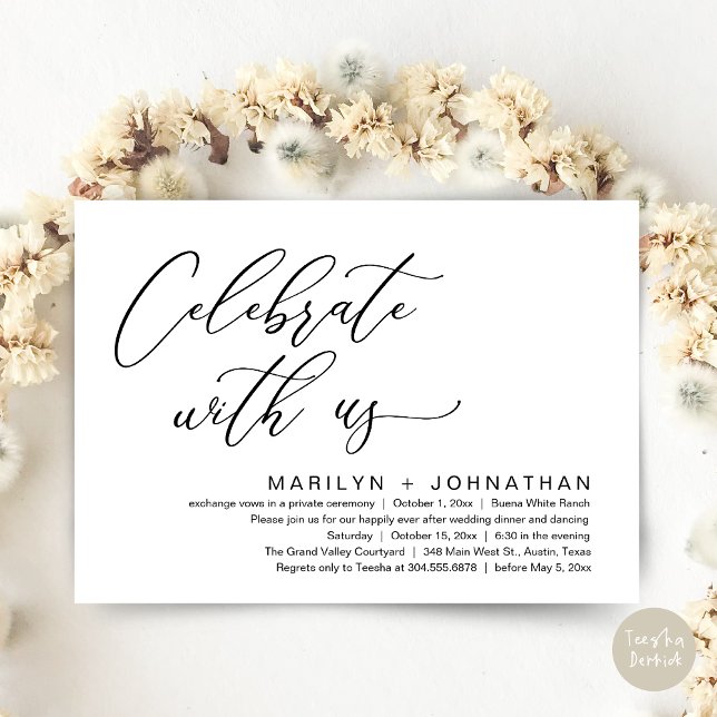 Convites Partido Janto Romântico de Casamento, Celebrar con (Celebrate with us, Romantic Wedding Dinner Brunch Party Invites Card PDF Modern Classy White Black)