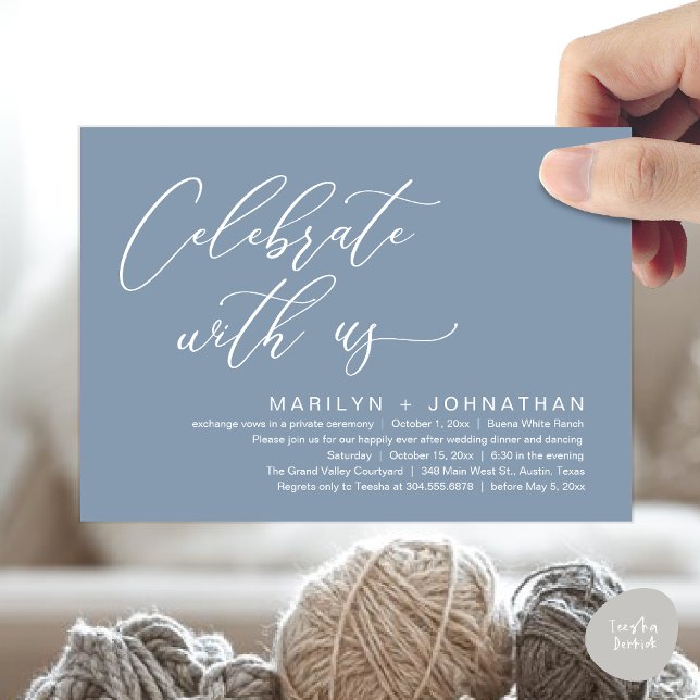 Convites Partido Janto Romântico de Casamento, Celebrar con (Celebrate with us, Romantic Wedding Dinner Brunch Party Invites Card PDF Modern Classy Dusty Blue)