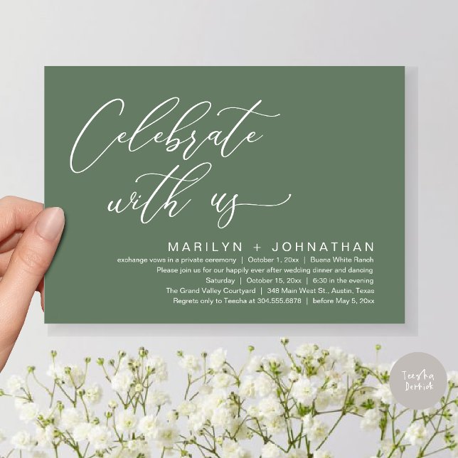 Convites Partido Janto Romântico de Casamento, Celebrar con (Celebrate with us, Romantic Wedding Dinner Brunch Party Invites Card PDF Modern Classy Sage Green)