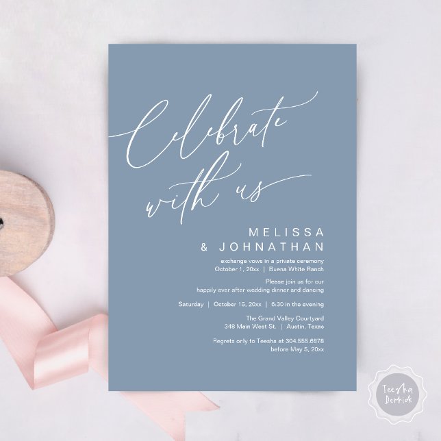Convites Partido Janto Romântico de Casamento, Celebrar con (Romantic Wedding Dinner Party, Celebrate with us Lunch Brunch Modern Invites Card  PDF Dusty Blue)