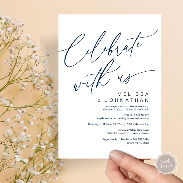Convites Partido Janto Romântico de Casamento, Celebrar con (Romantic Wedding Dinner Party, Celebrate with us Lunch Brunch Modern Invites Card  PDF Navy Blue)