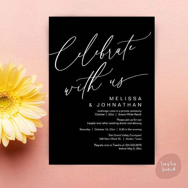 Convites Partido Janto Romântico de Casamento, Celebrar con (Romantic Wedding Dinner Party, Celebrate with us Lunch Brunch Modern Invites Card  PDF Classy Black)