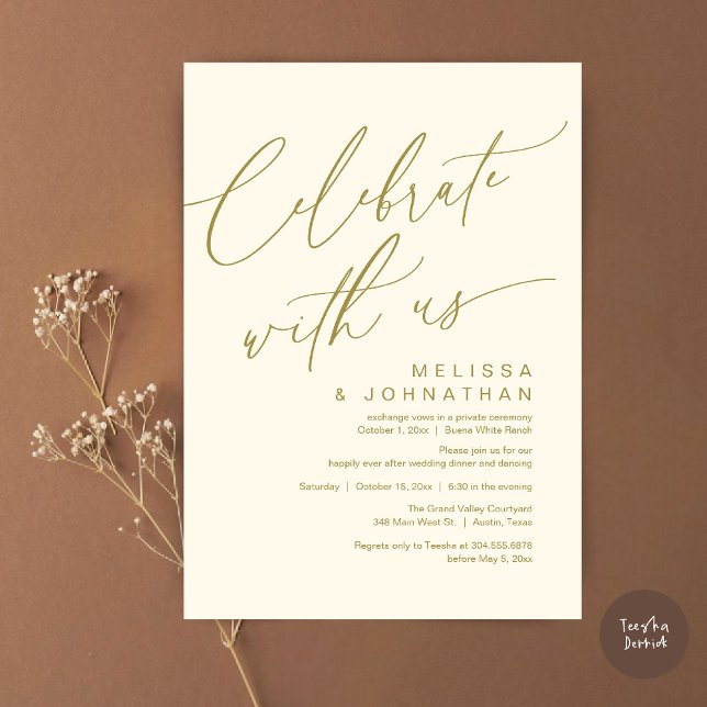 Convites Partido Janto Romântico de Casamento, Celebrar con (Romantic Wedding Dinner Party, Celebrate with us Lunch Brunch Modern Invites Card  PDF Yellow Gold)