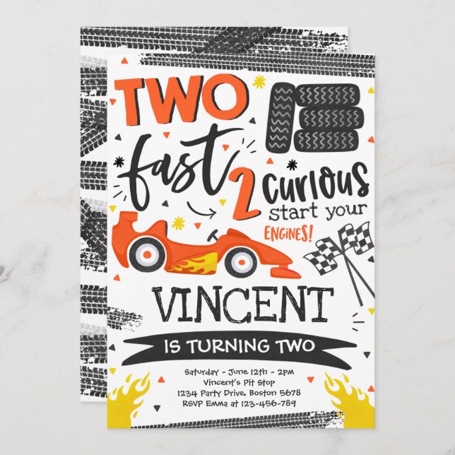 Convites Partido Laranja de segundo aniversário Rápido (Frente/Verso)