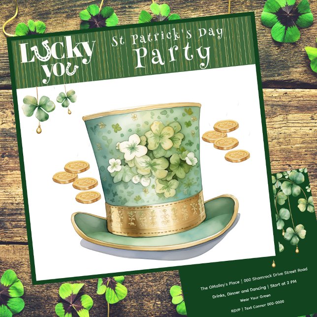 Convites Partido Leprechaun Hat e Moedas Douradas (Lucky you St Patrick's Day Irish top hat customizable party invitation in green and gold. )