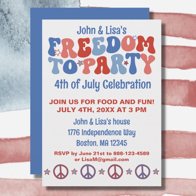 Convites Partido Liberdade Retro Groovy 4 de julho (Your 4th of July party will be a hit with this groovy "freedom to party" invitation.)