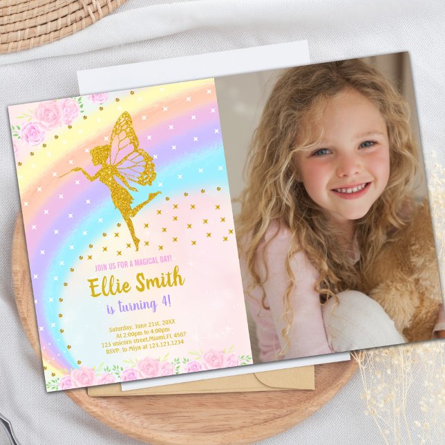 Convites Partido Magical Sparkle para Meninas (Photo Rainbow Glitter Fairy Birthday Invitations)
