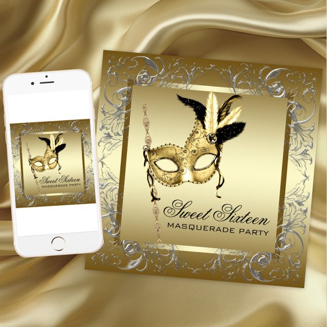 Convites Partido Mascarada Negro Dourado (Any occasion masquerade party invitation. Add your text. Download and printed invitations available.)