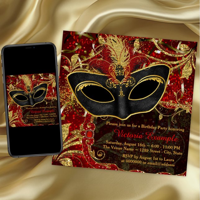 Convites Partido Mascarada Negro Vermelho e Dourado (Red and gold masquerade party invitation. Any occasion. Digital download and printed available.)