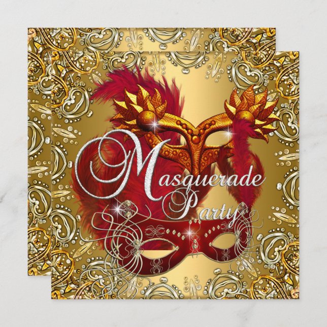 Convites Partido Mascarada Red Dourado Silver (Frente/Verso)