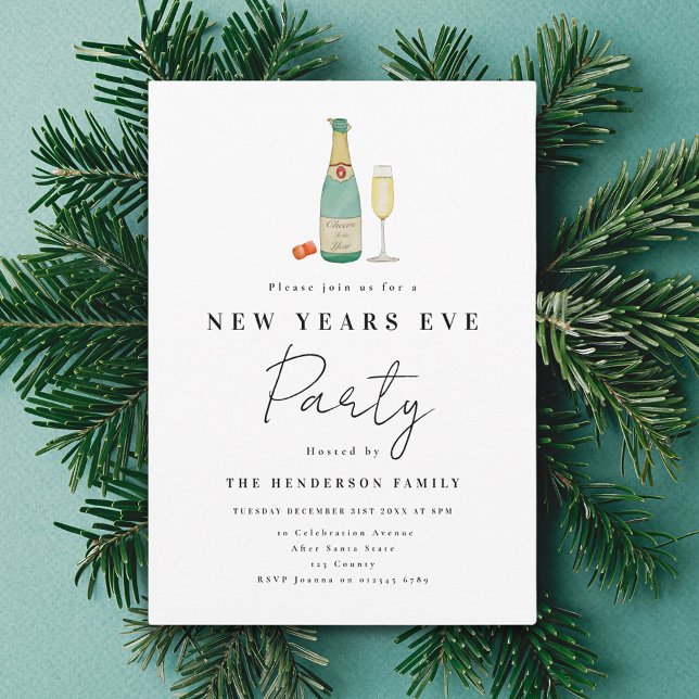 Convites Partido Minimalista do Ano Novo (Minimalist watercolor New Year’s Eve party invitation)