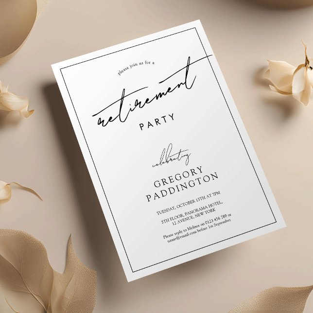 Convites Partido Mínimo de Reforma Branca Negra Corporativa (Minimalist modern retirement party corporate invitation with trendy handwritten script)