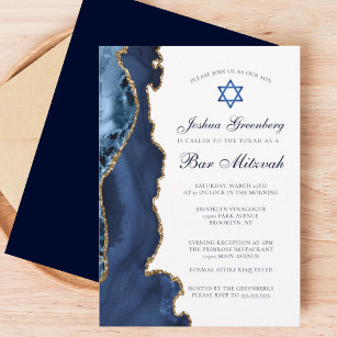 Convites Partido Mitzvah, Marinho Azul, Bar de Agate Dourad