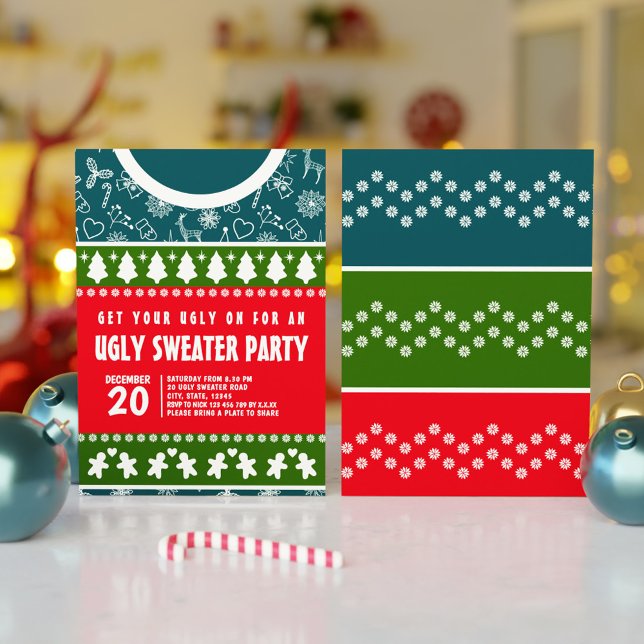 Convites Partido Modern Blue Red e Green Ugly Sweater (Modern Blue Red and Green Ugly Sweater Xmas Party Invitation)