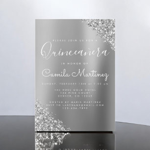 Convites Partido Modern Silver Quinceanera Glitter