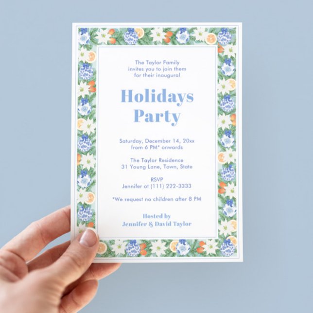 Convites Partido Moderno Clássico Chinoiserie Citrus Holida (Citrus Ginger Jar Holidays Party Invitation Featuring Hand Painted Chintz border in blues and orange)