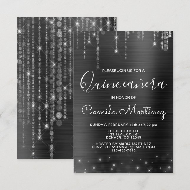 Convites Partido Moderno da Quinceanera Preto e Prata (Frente/Verso)