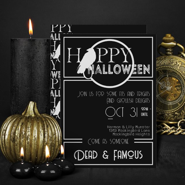 Convites Partido Moderno das Bruxas de Adultos do Elegante  (Elegant black and white flat halloween invitations)