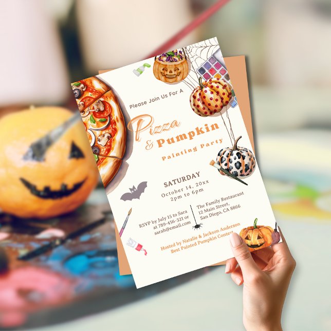 Convites Partido Moderno de Pizza de Halloween e Pumpkin Pa (Modern Halloween Pizza & Pumpkin Painting Party Invitation)