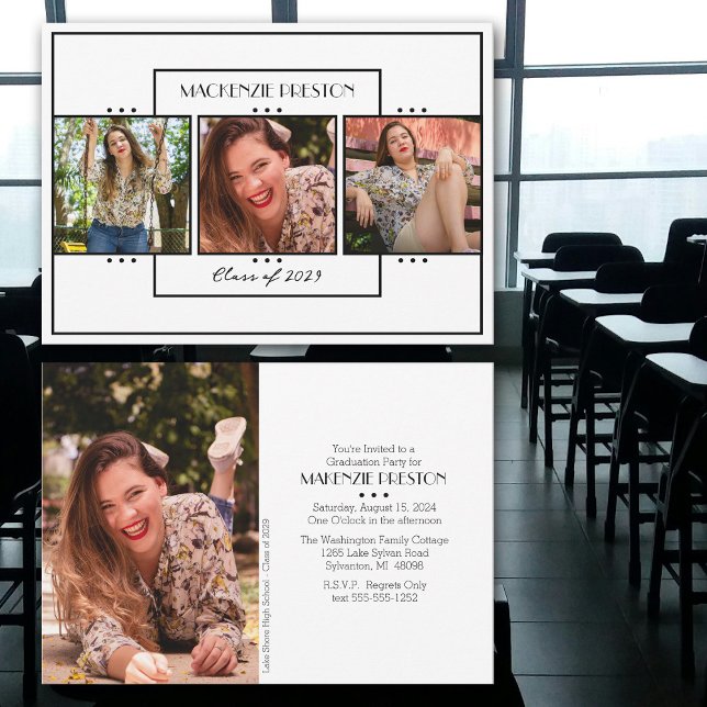 Convites Partido Moderno de Quatro Fotografias Brancas Pret (Pretty black and white modern grad party invitation.  Personalized with four photos.)