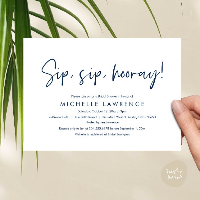 Convites Partido Moderno do Chá de panela Casual, Divertido (Sip, Sip Hooray, Modern Casual, fun and playful Bridal Shower Party Invitation Card PDF Navy Blue)