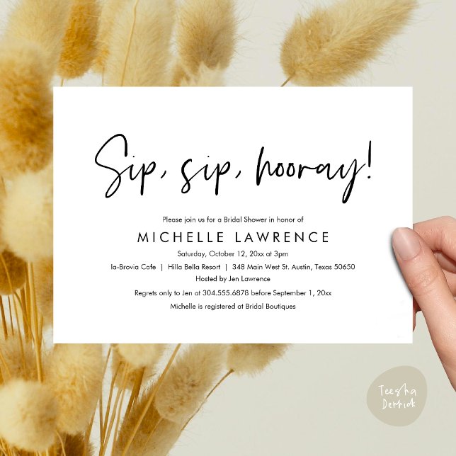 Convites Partido Moderno do Chá de panela Casual, Divertido (Sip, Sip Hooray, Modern Casual, fun and playful Bridal Shower Party Invitation Card PDF Black White)