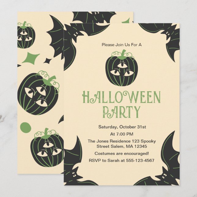 Convites Partido Moderno do Dia das Bruxas de Pumpkin e Bat (Frente/Verso)