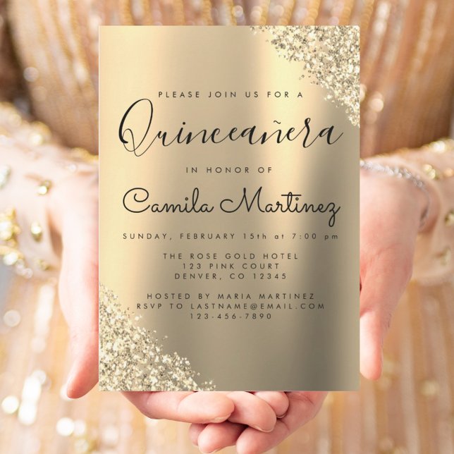 Convites Partido Moderno Dourado Quinceanera Glitter (Criador carregado)