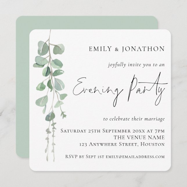 Convites Partido Moderno Eucalyptus Script Wedding Noite (Frente/Verso)