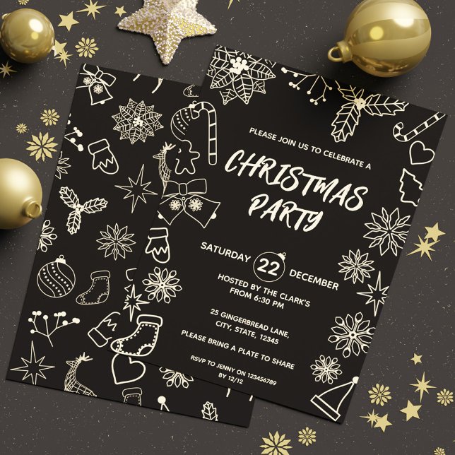 Convites Partido Moderno Negro Simples e Elegante Dourado (Modern Simple Black and Gold Elegant Xmas Party Invitation)