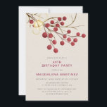 Convites Partido Moderno Red Berry aniversário de 40 anos<br><div class="desc">Bonito convite de aniversário de rusticidade para uma festa de aniversário de inverno. Apresenta bagas de fogo vermelhas em um galho nu decorado com uma campainha de ouro e fio.</div>