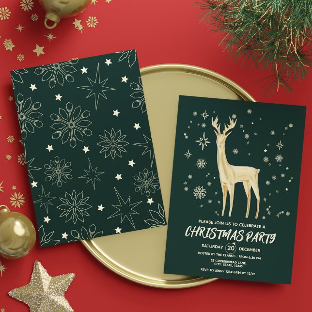 Convites Partido Moderno Verde Escuro e Dourado Elegante do (Modern Dark Green and Gold Elegant Deer Xmas Party Invitation)