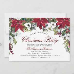 Convites Partido Natal Red Poinsettia Floral Watercolor