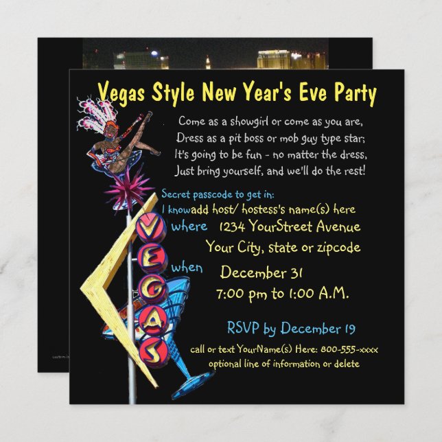 Convites Partido novo de Year'sEve do estilo de Las Vegas (Frente/Verso)