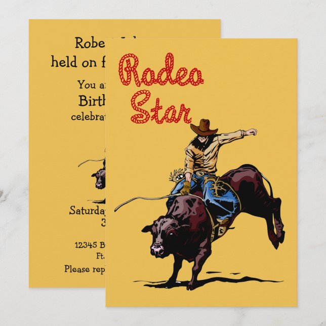 Convites Partido Ocidental Rodeo Cowboy Bull Rider (Frente/Verso)