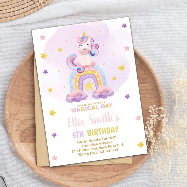 Convites Partido Pastel Mágico para Meninas (Watercolor Rainbow Unicorn Birthday Invitations)